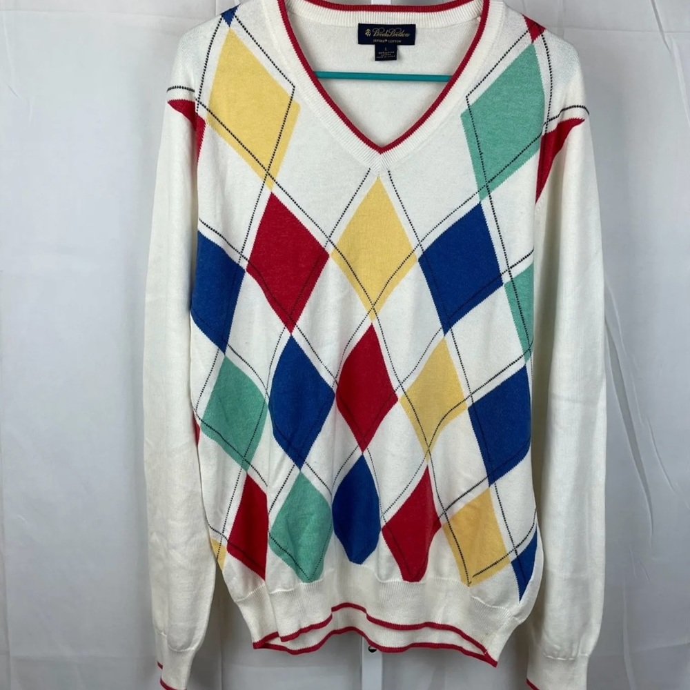 Mens Brooks Brothers White Multicolor Argyle Supima Cotton Sweater Large